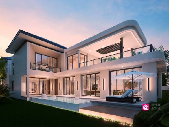 Two-storey villa exterior with private pool and upper balcony