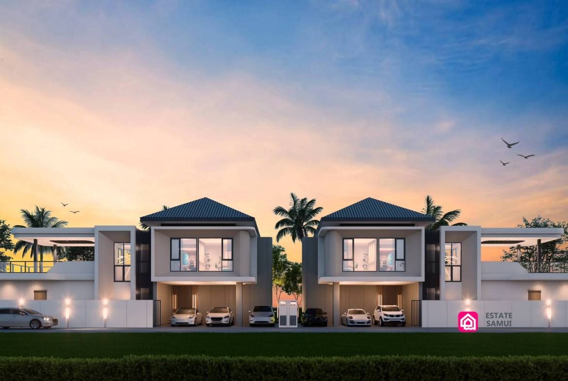 Front view of modern villas with covered parking areas
