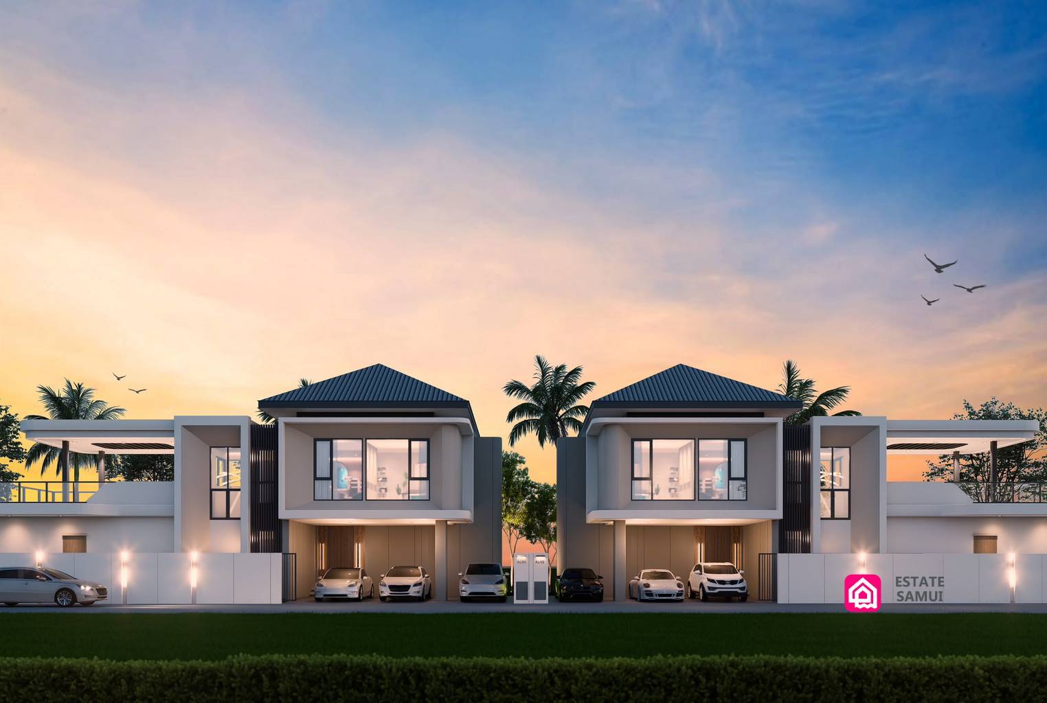Front view of modern villas with covered parking areas