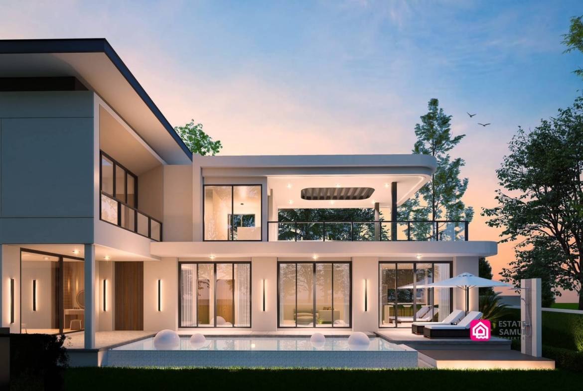 Poolside villa exterior with glass doors and furnished upper terrace