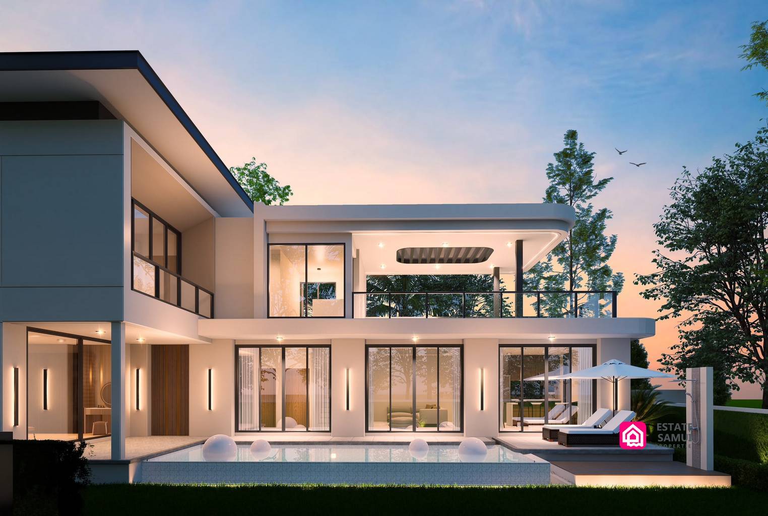 Poolside villa exterior with glass doors and furnished upper terrace