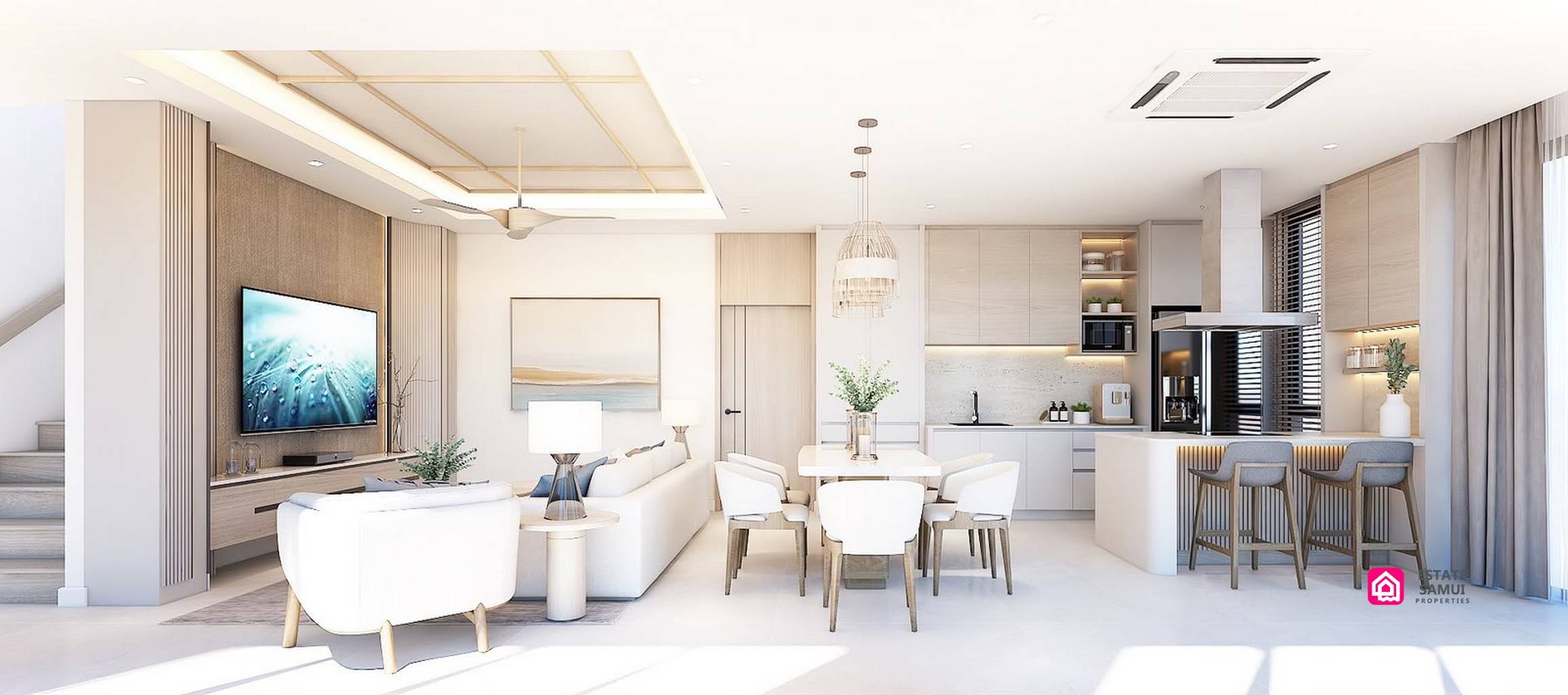 Living, dining and kitchen areas opening towards the poolside terrace