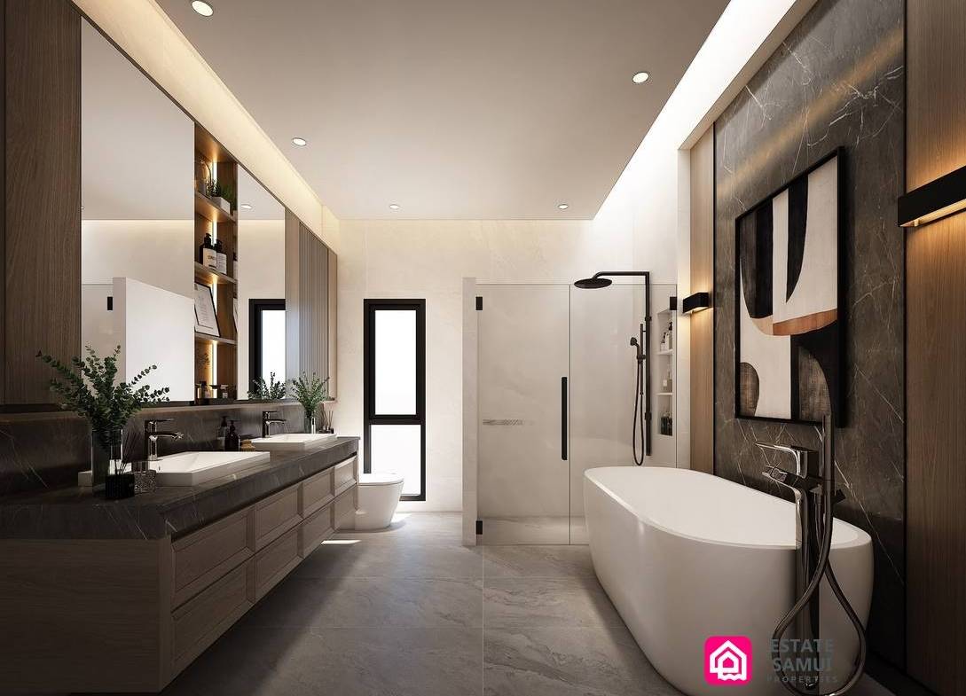Contemporary bathroom with freestanding bath, glass shower and long vanity