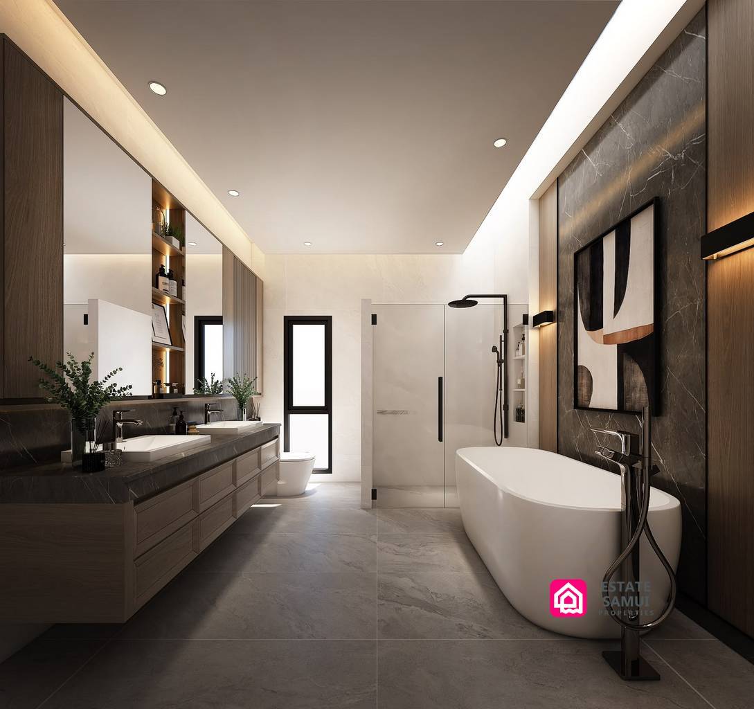 Contemporary bathroom with freestanding bath, glass shower and long vanity