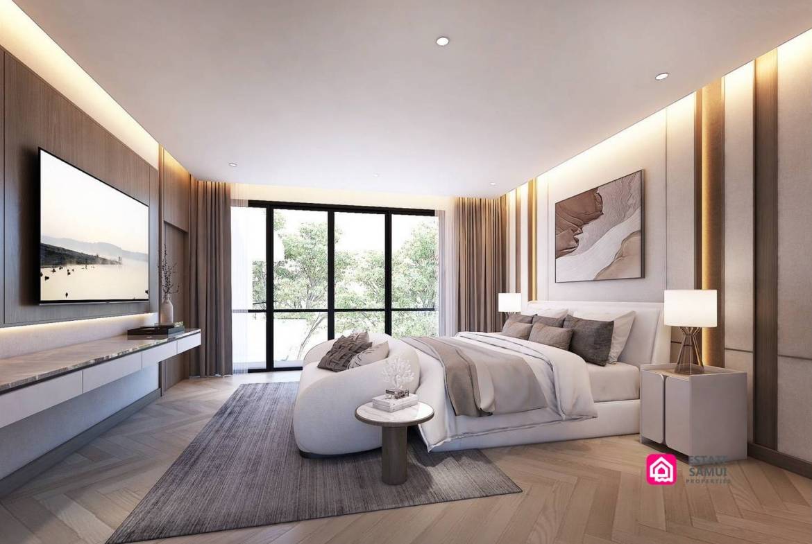Bedroom with upholstered bed, wood flooring and balcony doors
