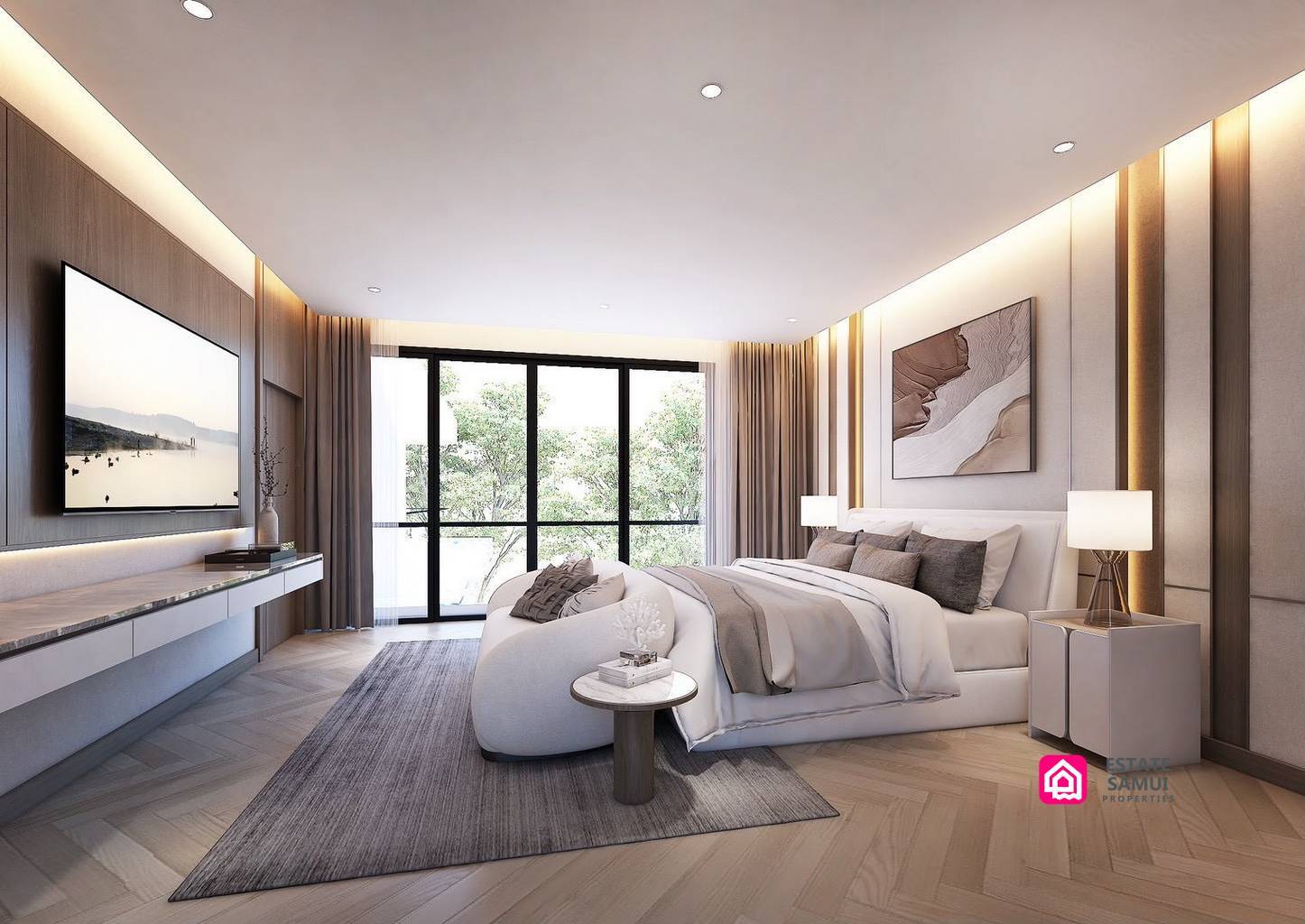 Bedroom with upholstered bed, wood flooring and balcony doors