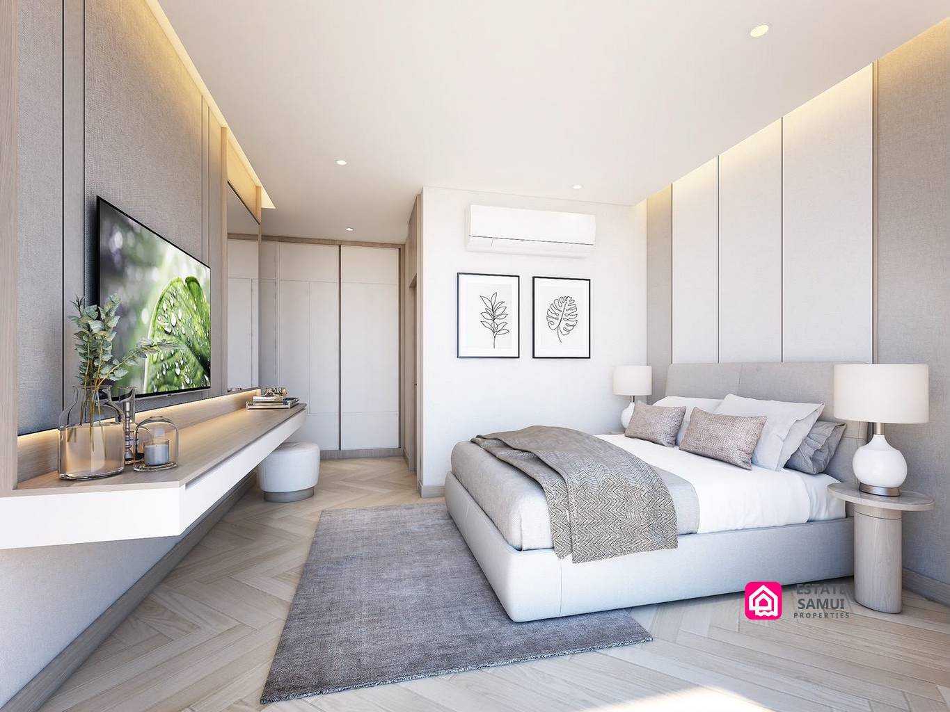 Bedroom with padded headboard, floating television console and bedside lighting