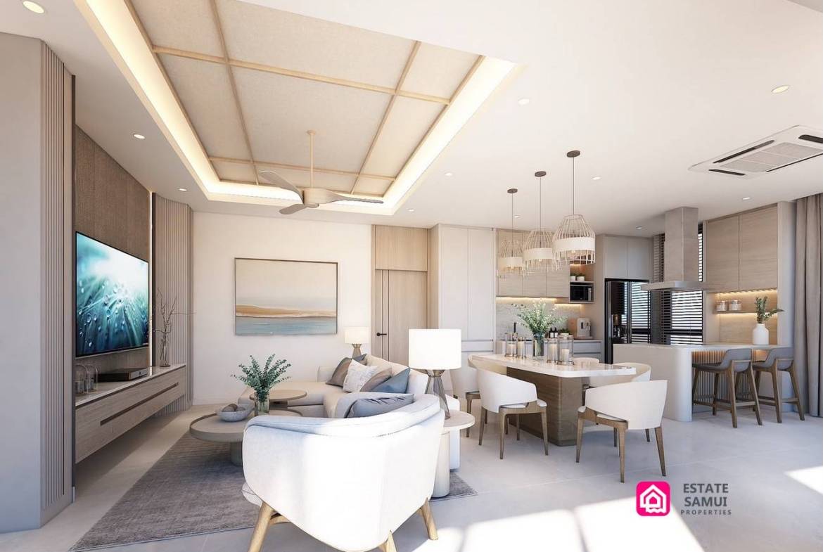 Open-plan living and dining area beside kitchen with breakfast bar