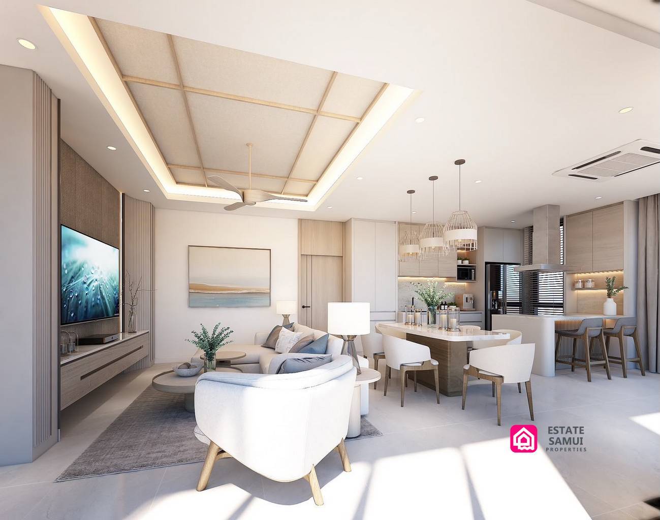 Open-plan living and dining area beside kitchen with breakfast bar
