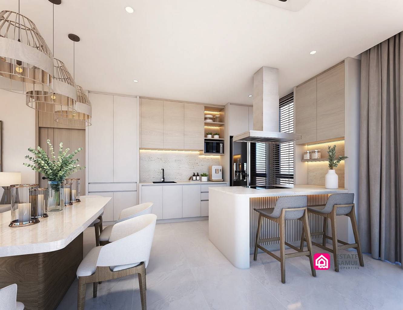 Built-in kitchen with breakfast bar, stools and adjacent dining table