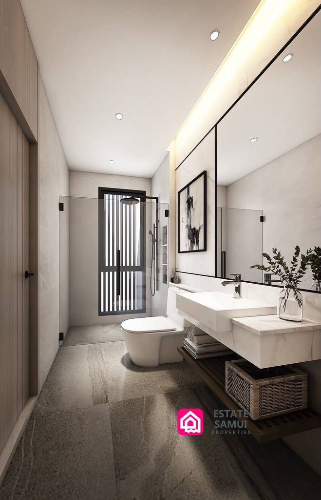 Bathroom with floating vanity, wide mirror and glass shower enclosure