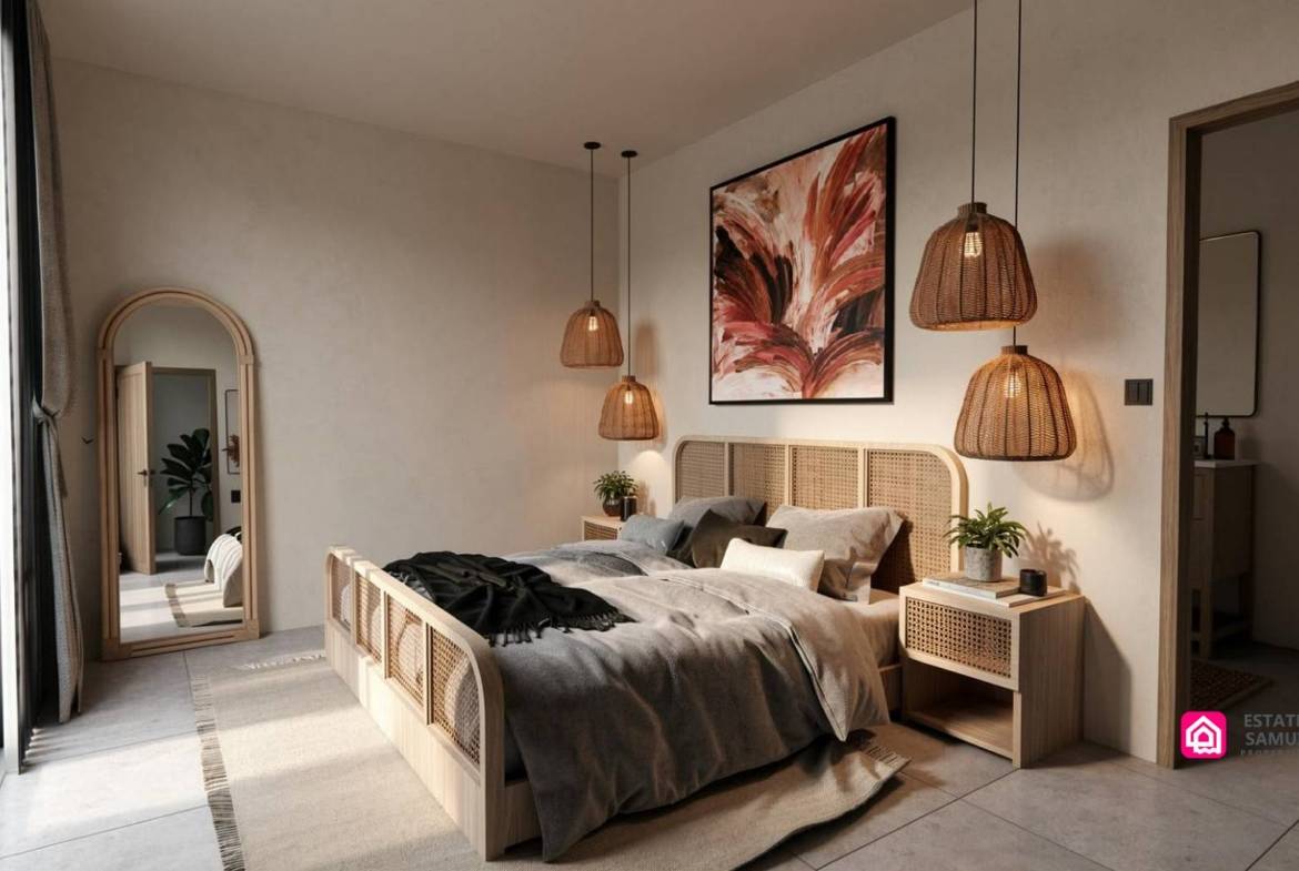 Modern bedroom with woven pendant lights, wooden bed frame and sliding glass doors.