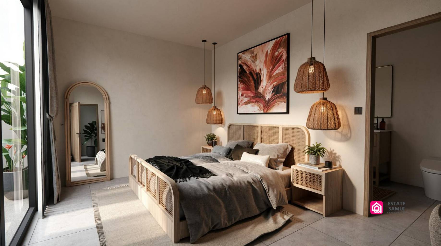 Modern bedroom with woven pendant lights, wooden bed frame and sliding glass doors.