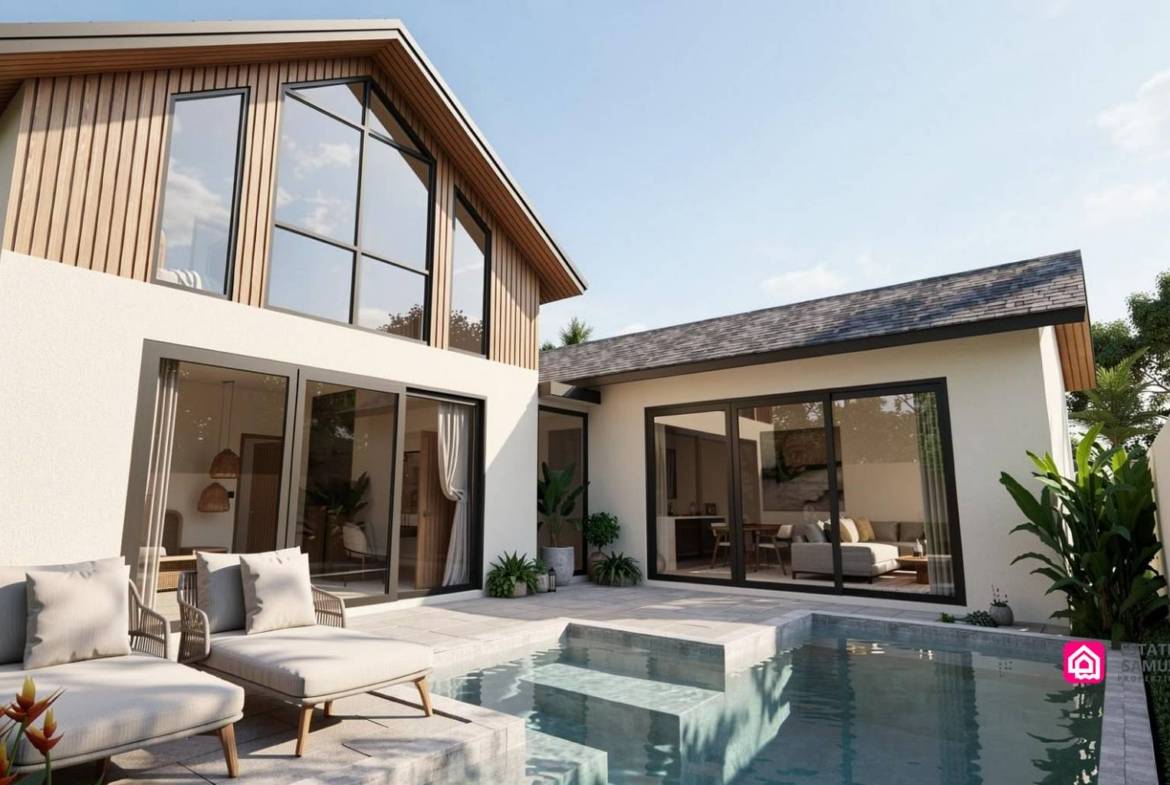 Modern affordable Lamai villas with private pool, glazed frontage and poolside seating.