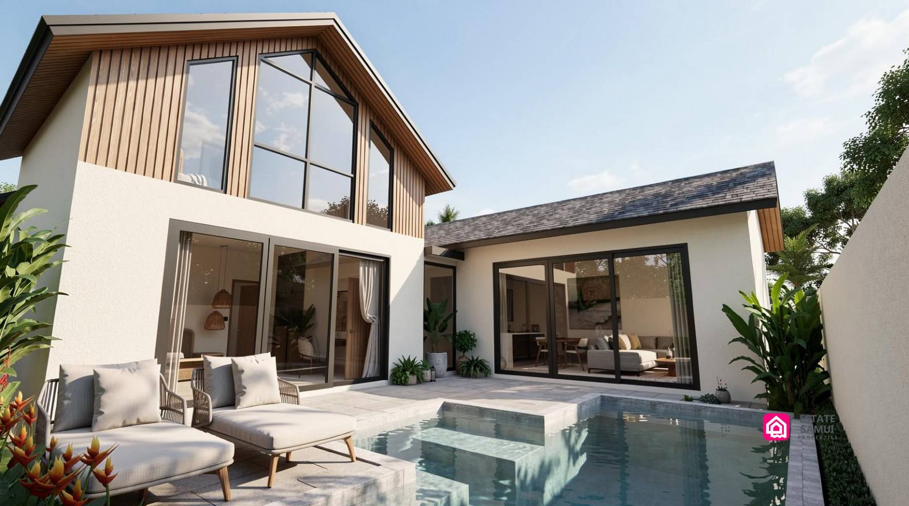 Modern affordable Lamai villas with private pool, glazed frontage and poolside seating.