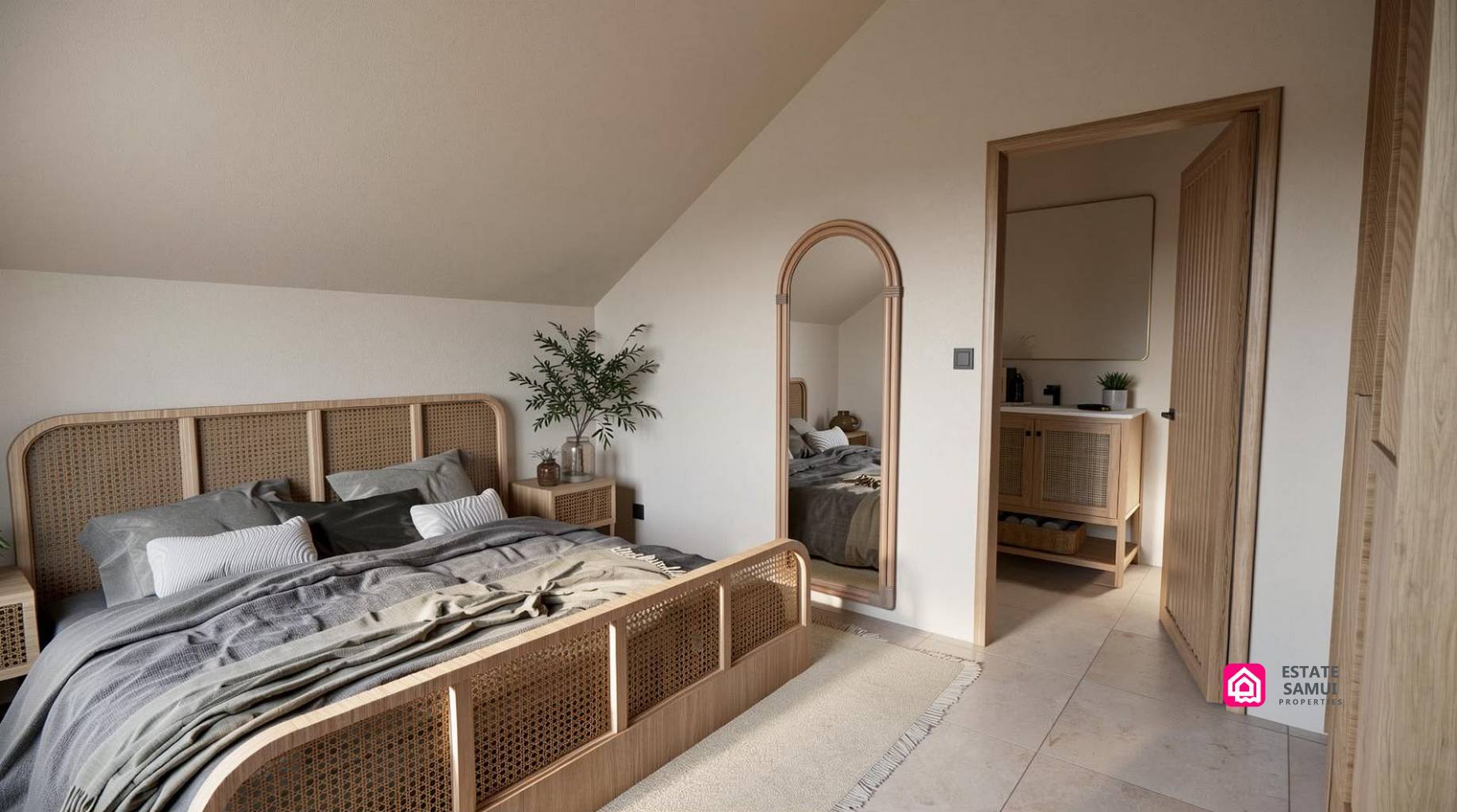 Bedroom with wooden bed frame, arched mirror and adjoining bathroom doorway.