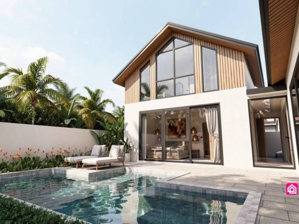 Contemporary villa exterior with pitched roof, tall windows and private swimming pool.