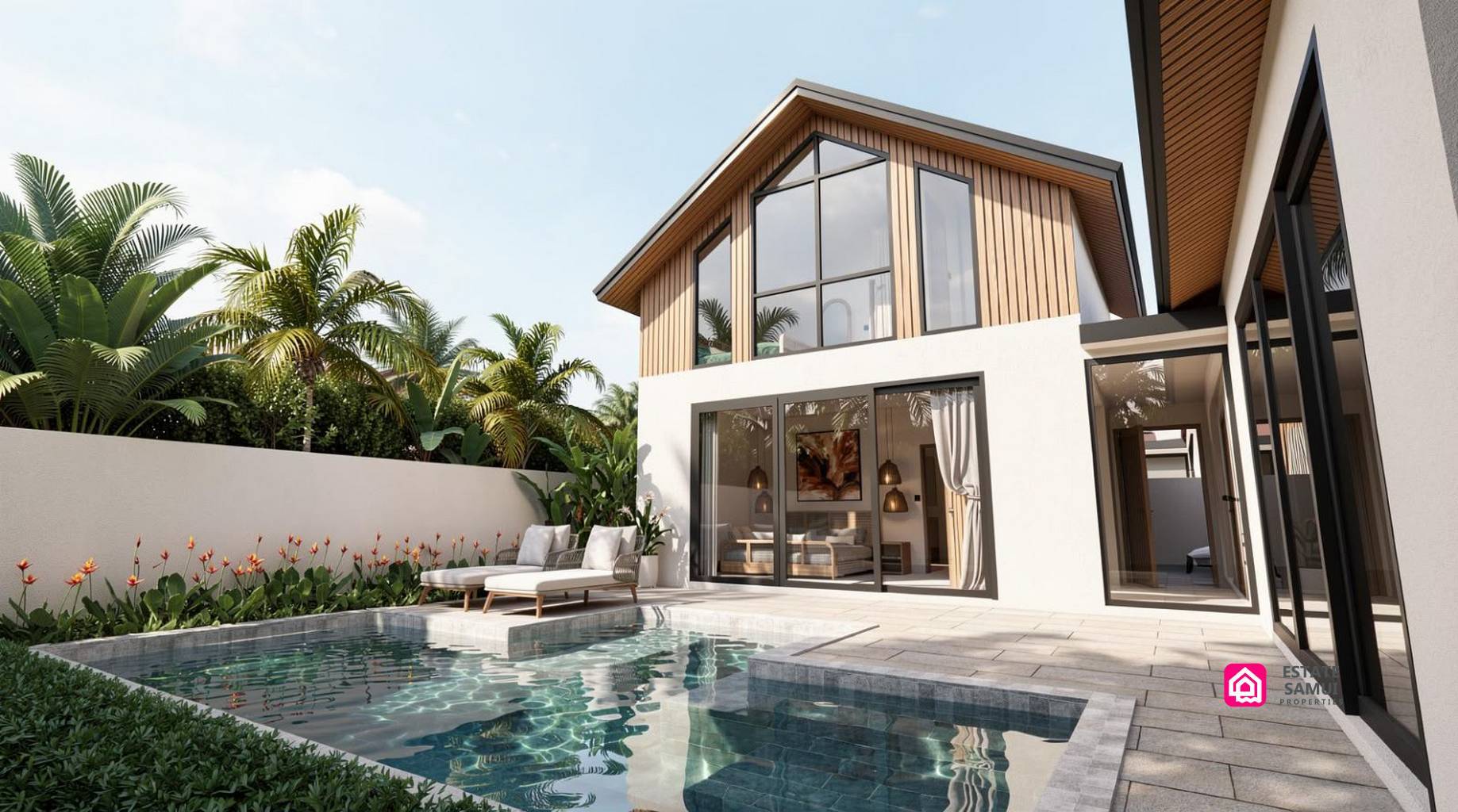 Modern Affordable Lamai Villas | 2 Bedrooms & Private Pool Contemporary villa exterior with pitched roof, tall windows and private swimming pool.