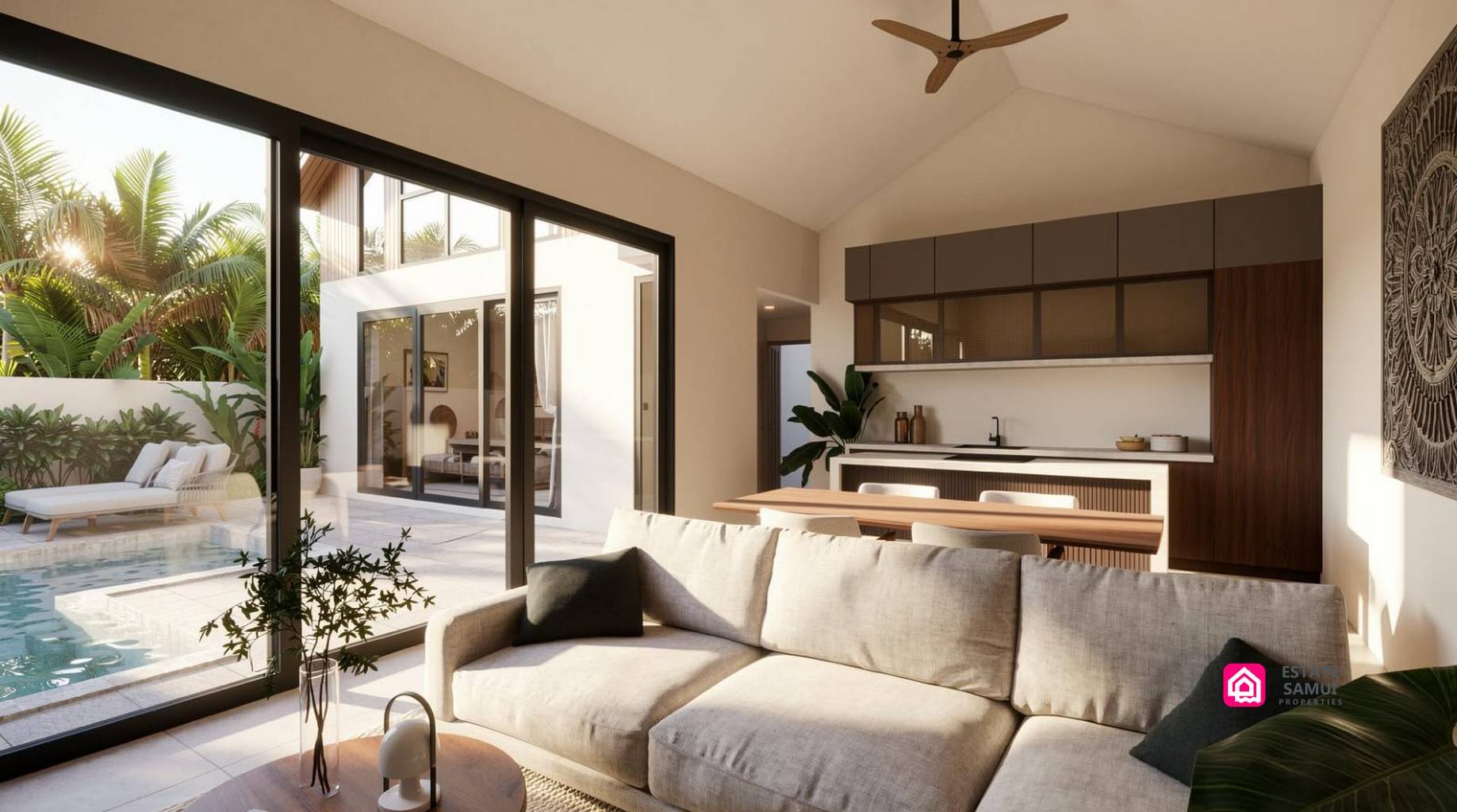Open-plan living area with sofa, dining table and kitchen beside the pool.