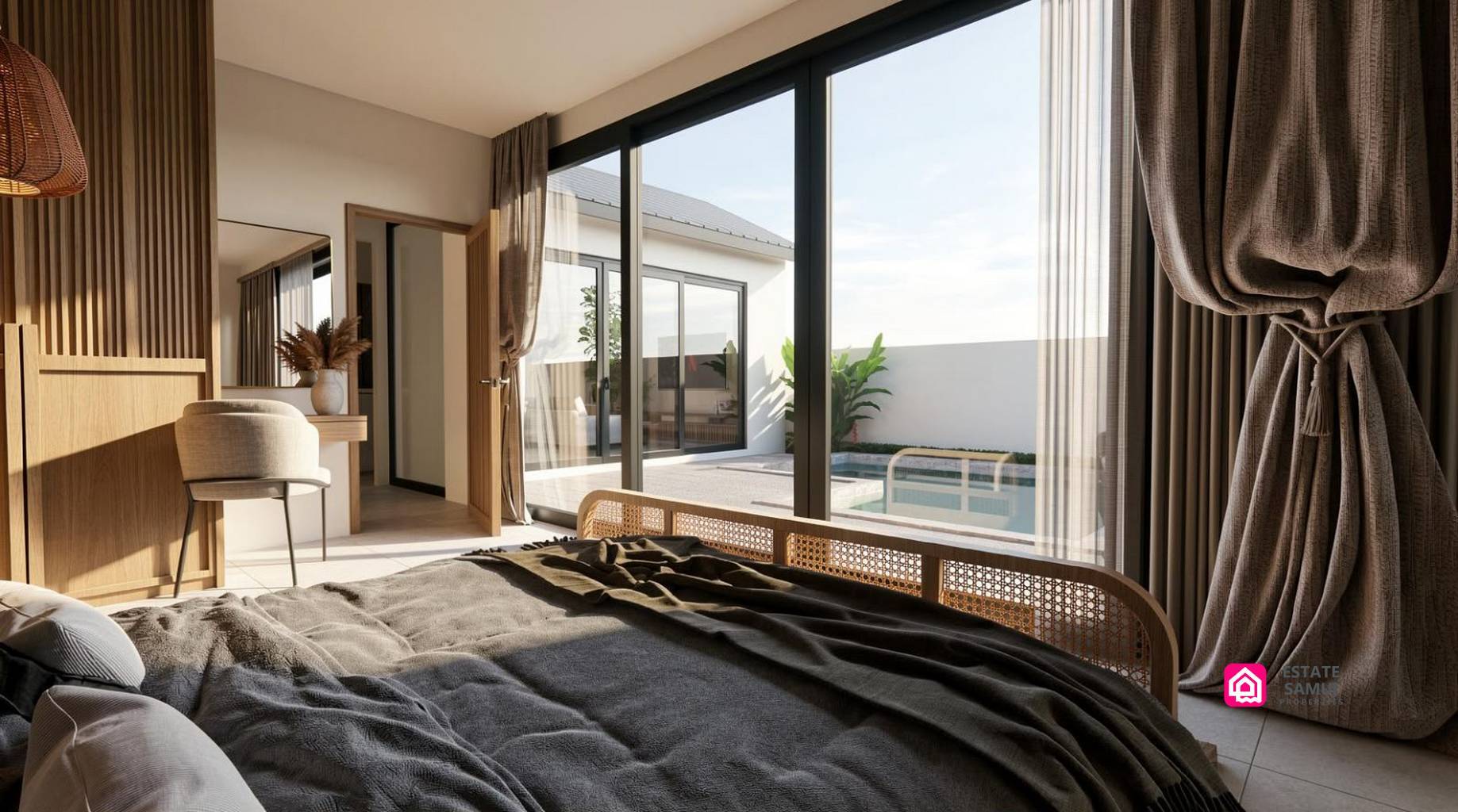 Pool-facing bedroom with sliding glass doors and a built-in dressing area.