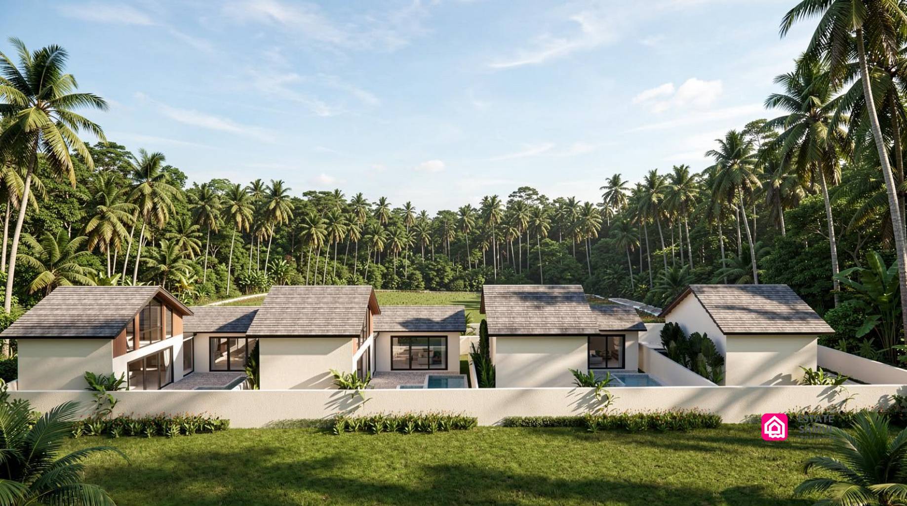 Elevated view of villas with private pools amid surrounding palm trees.