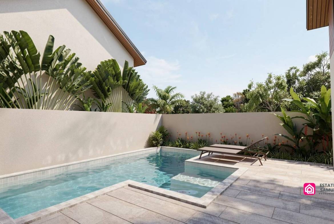 1. Private swimming pool with submerged steps, paved terrace and tropical planting.