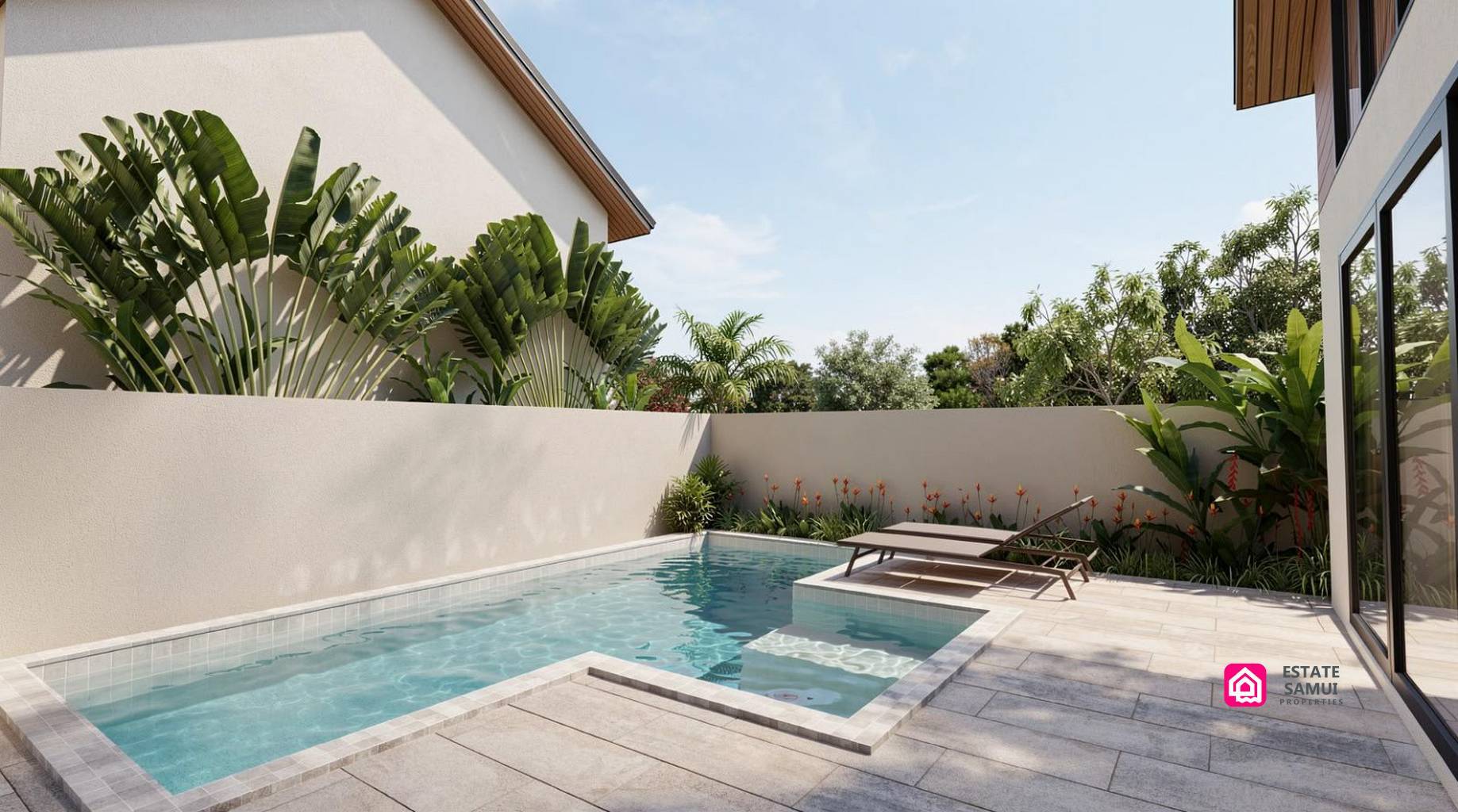 1. Private swimming pool with submerged steps, paved terrace and tropical planting.