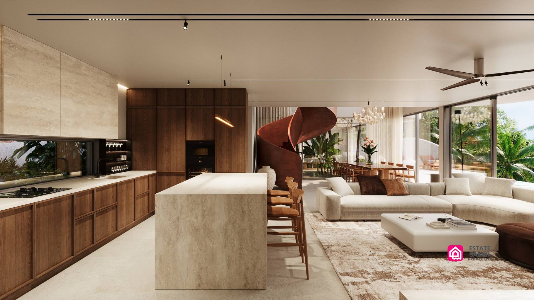 Open-plan kitchen with pale island, timber cabinetry and adjoining lounge.
