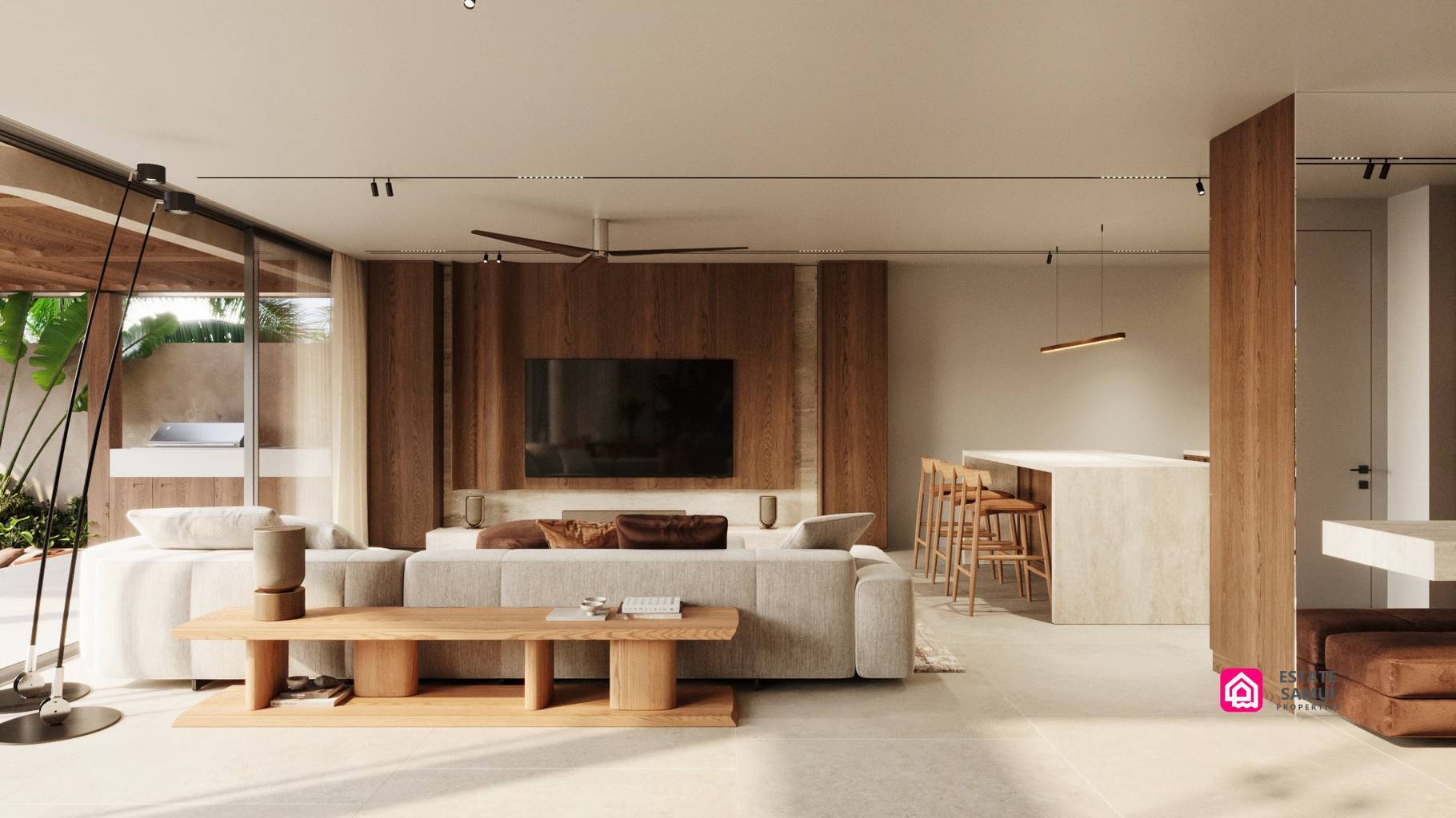Living area with cream seating, kitchen breakfast bar and covered terrace access.