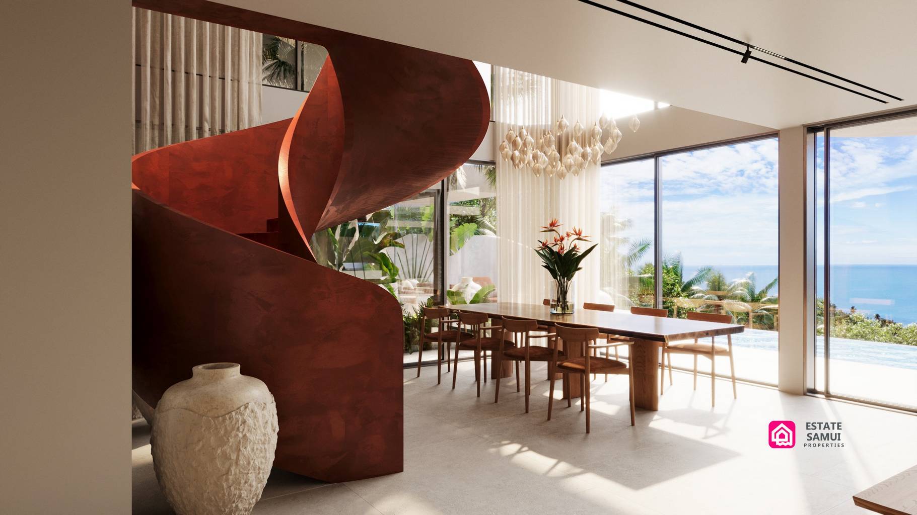 Sculptural red staircase beside dining area overlooking the pool and sea.