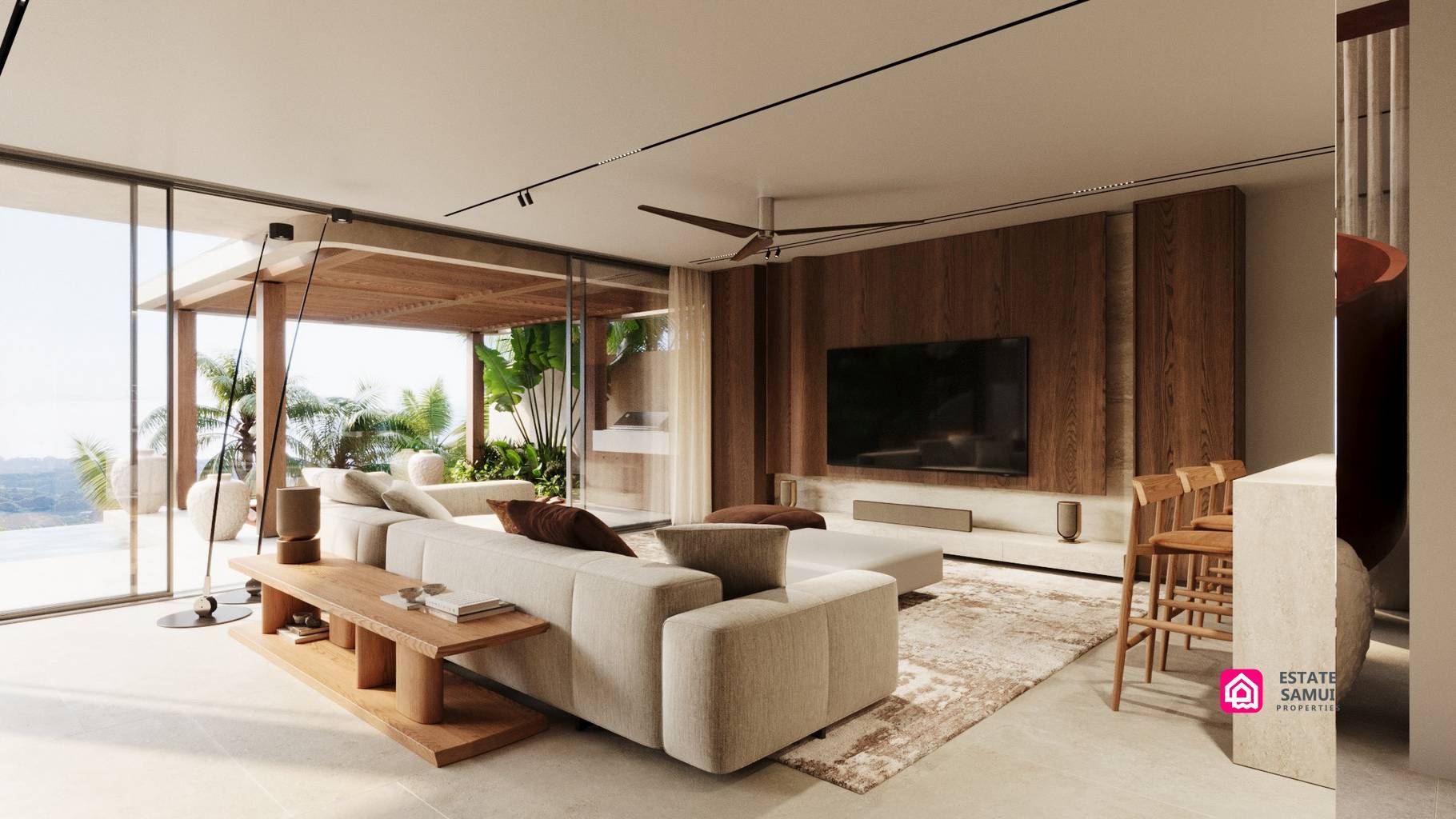 Open-plan lounge with cream sofa, timber television wall and terrace access.
