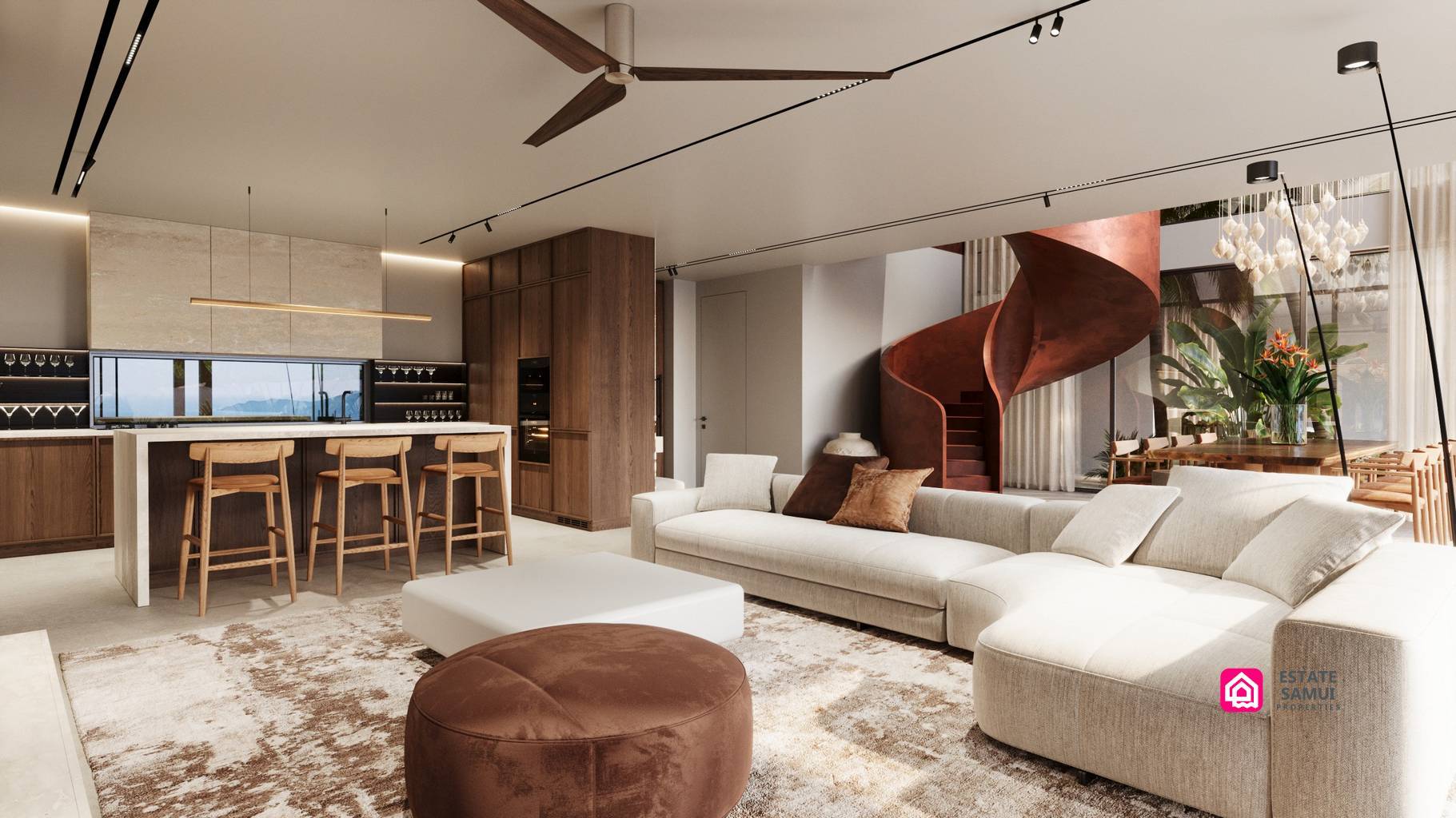 Cream sectional sofa beside kitchen island and sculptural red staircase.
