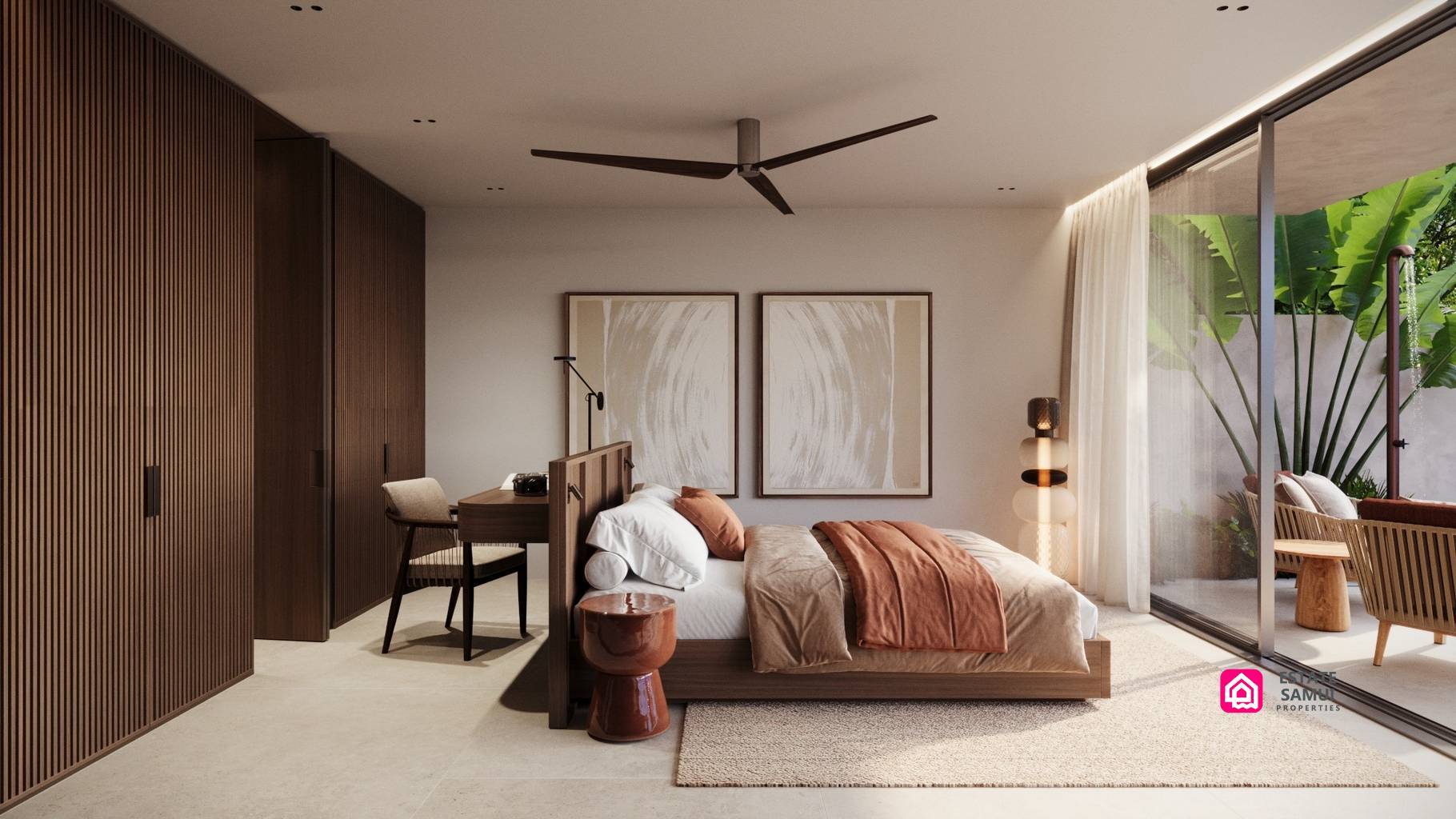 Bedroom with fitted wardrobes, desk and sliding doors to planted courtyard.