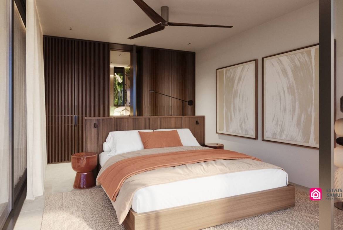 Bedroom with timber headboard, framed artwork and sliding glass doors.