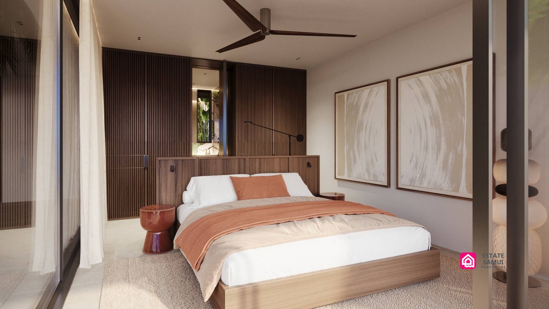 Bedroom with timber headboard, framed artwork and sliding glass doors.